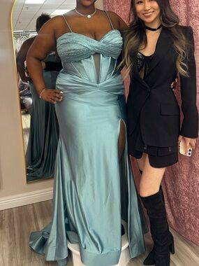 ellie wilde Aqua Satin Prom Gown with Sweetheart Bodice